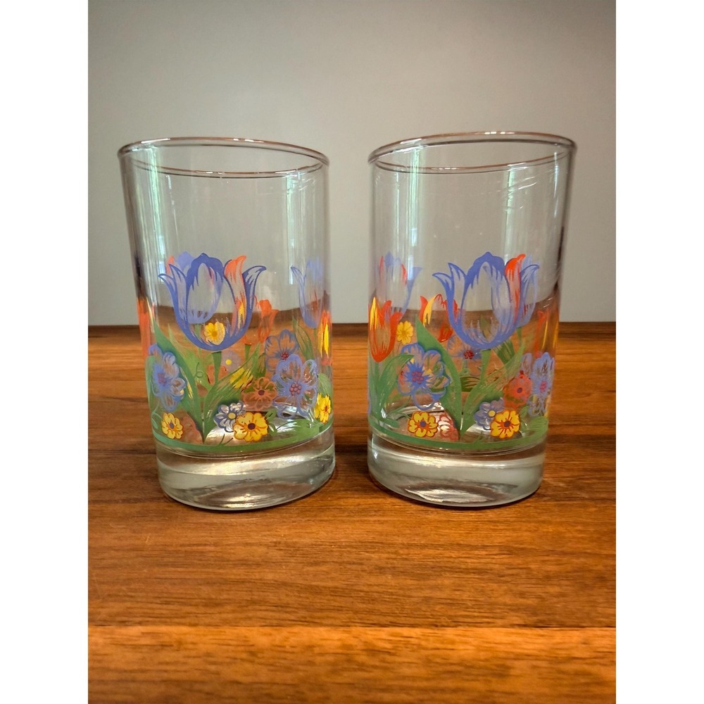 Vintage Corelle Fresh Cut Juice Glasses Set of 2 | Retro Floral Tulip Glasses